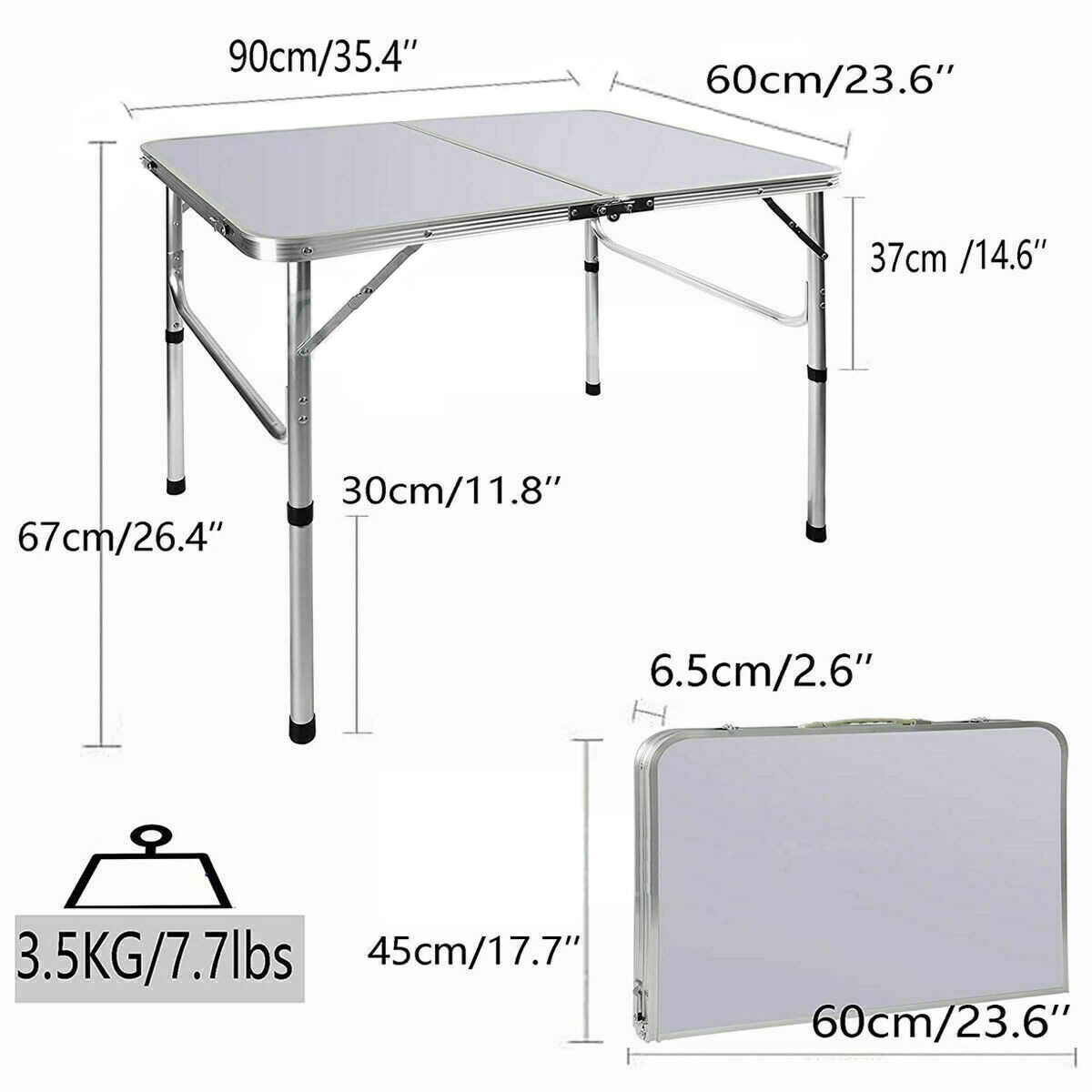 90x60x67cm aluminiowy stół kempingowy, przenośny składany stół mały stół piknikowy biurko na laptopa TV łóżko obiadowe Home Office, biały