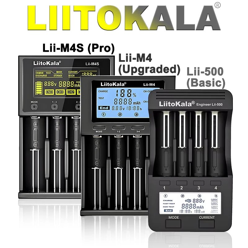 Analizador de cargador inteligente LiitoKala de 4 ranuras |   Lii-500/M4/M4S |   Probador de capacidad de batería con pantalla LCD |   Salida USB 5V |   CE/FCC