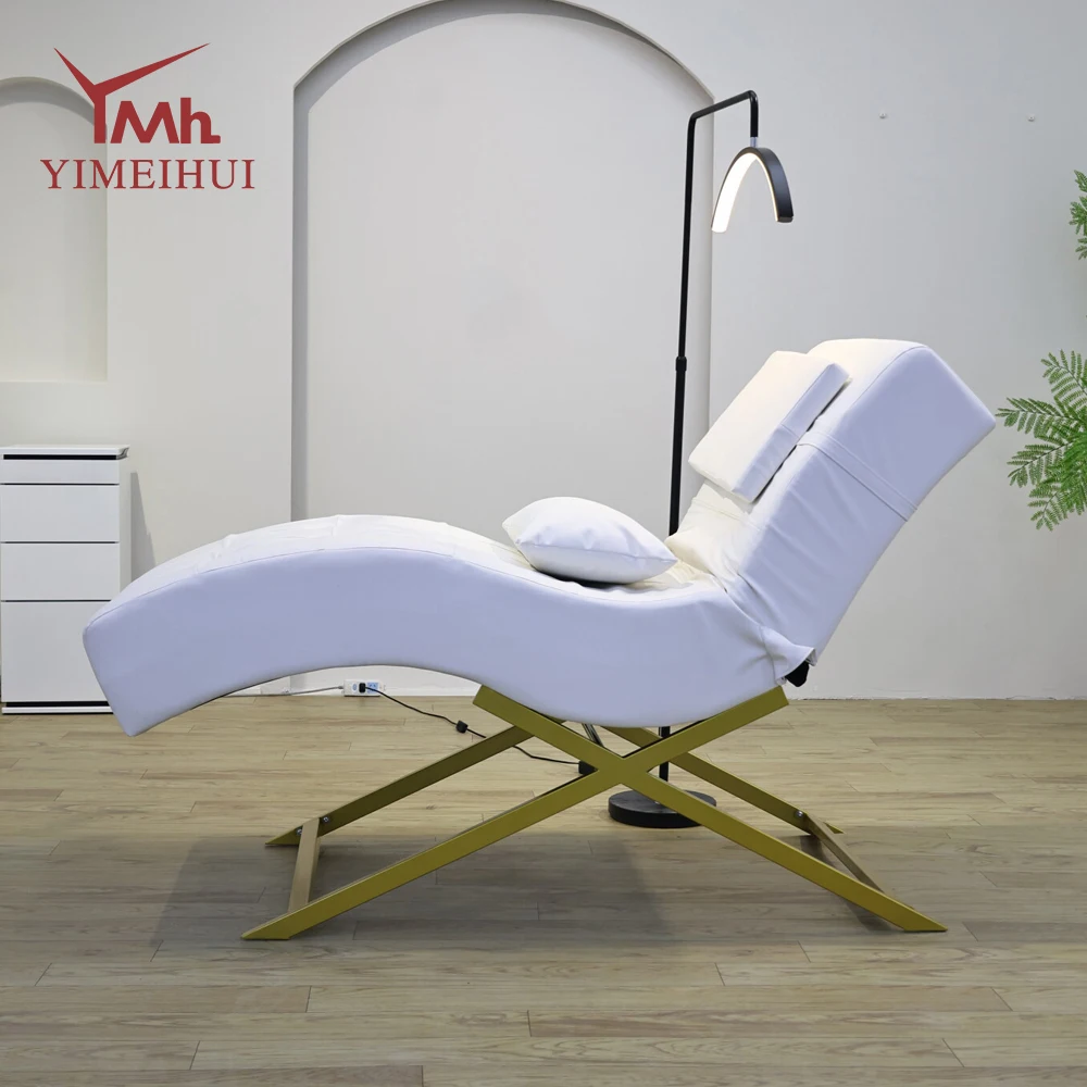 Letto per ciglia per massaggio spa con letto facciale in velluto curvo bianco dal design moderno e di lusso per salone di bellezza