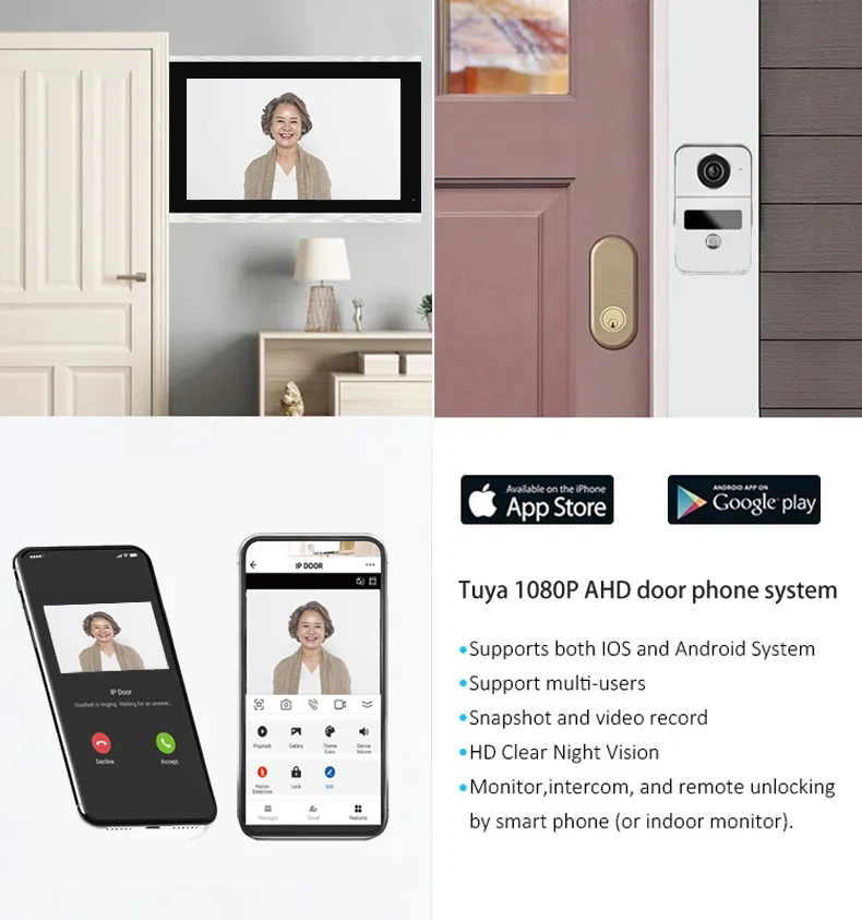 Sistema de intercomunicação de vídeo digital, 4 fios, 7 / 10.1 unidades, sem fio, wi-fi, monitor 1080p, câmera de vídeo, campainha, cartão, desbloqueio tuya