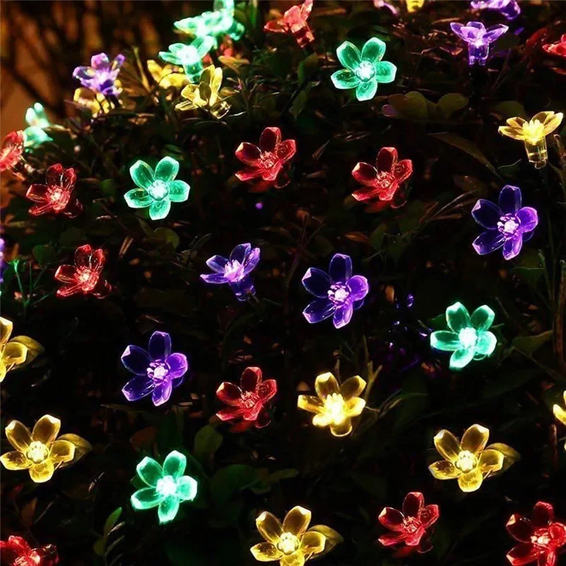 Guirnaldas de luces alimentadas por energía Solar para exteriores, 5M, 20LED, impermeables, 8 modos, funciona con pilas, flor de cerezo, decoración navideña para fiesta de jardín