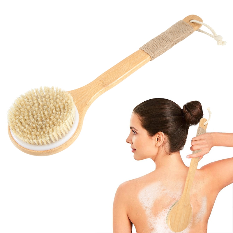 Körperbürste für trockene Haut, Bade-Peeling-Bürste, natürliche Borsten, Rückenschrubber mit langem Holzgriff für die Dusche, abgestorbene Haut entfernen,