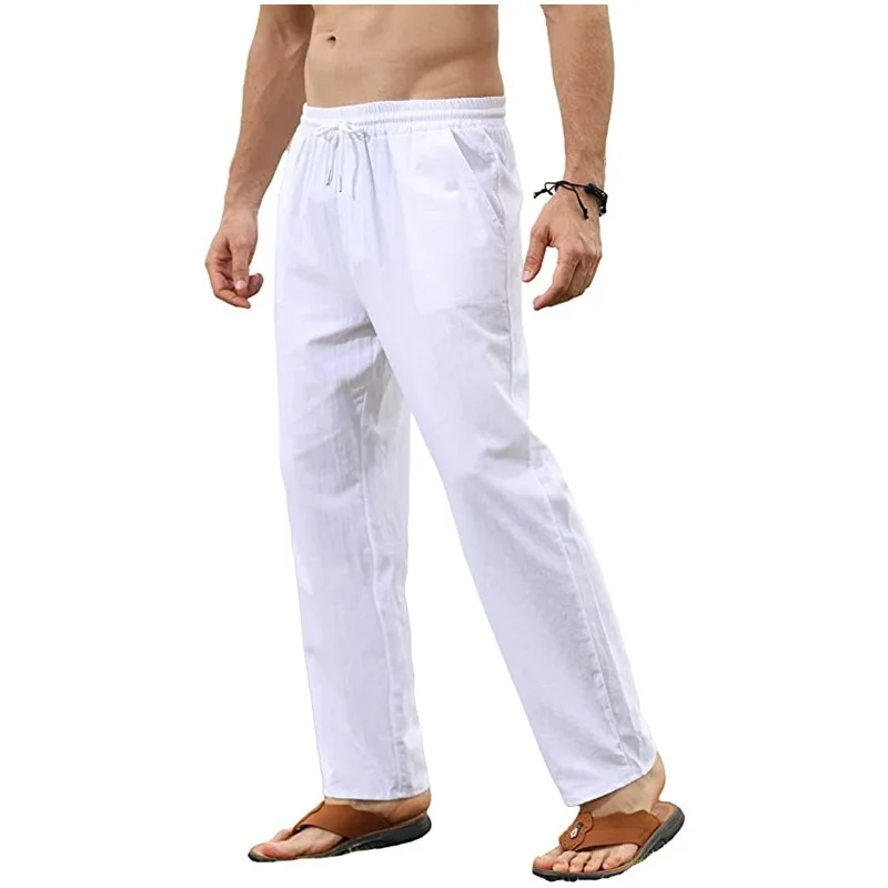 Calças de linho de algodão masculino casual calças soltas masculino respirável cor sólida cordão jogger yoga calças largas