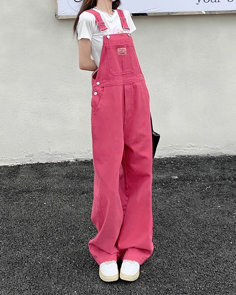 XS-XL Jeans Damen 2022 Sommer Preppy Style lose Mädchen rosa Hose mit weitem Bein Overall koreanische lässige Denim-Overalls Damen (78891).