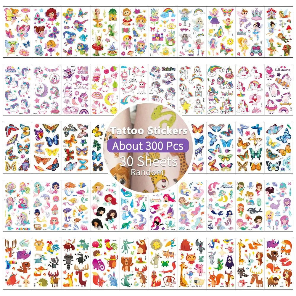 30ชิ้นสติกเกอร์รอยสักสำหรับเด็กสติกเกอร์ลายการ์ตูนรูปยูนิคอร์นรูปผีเสื้อนางเงือกสัตว์ไดโนเสาร์มหาสมุทร