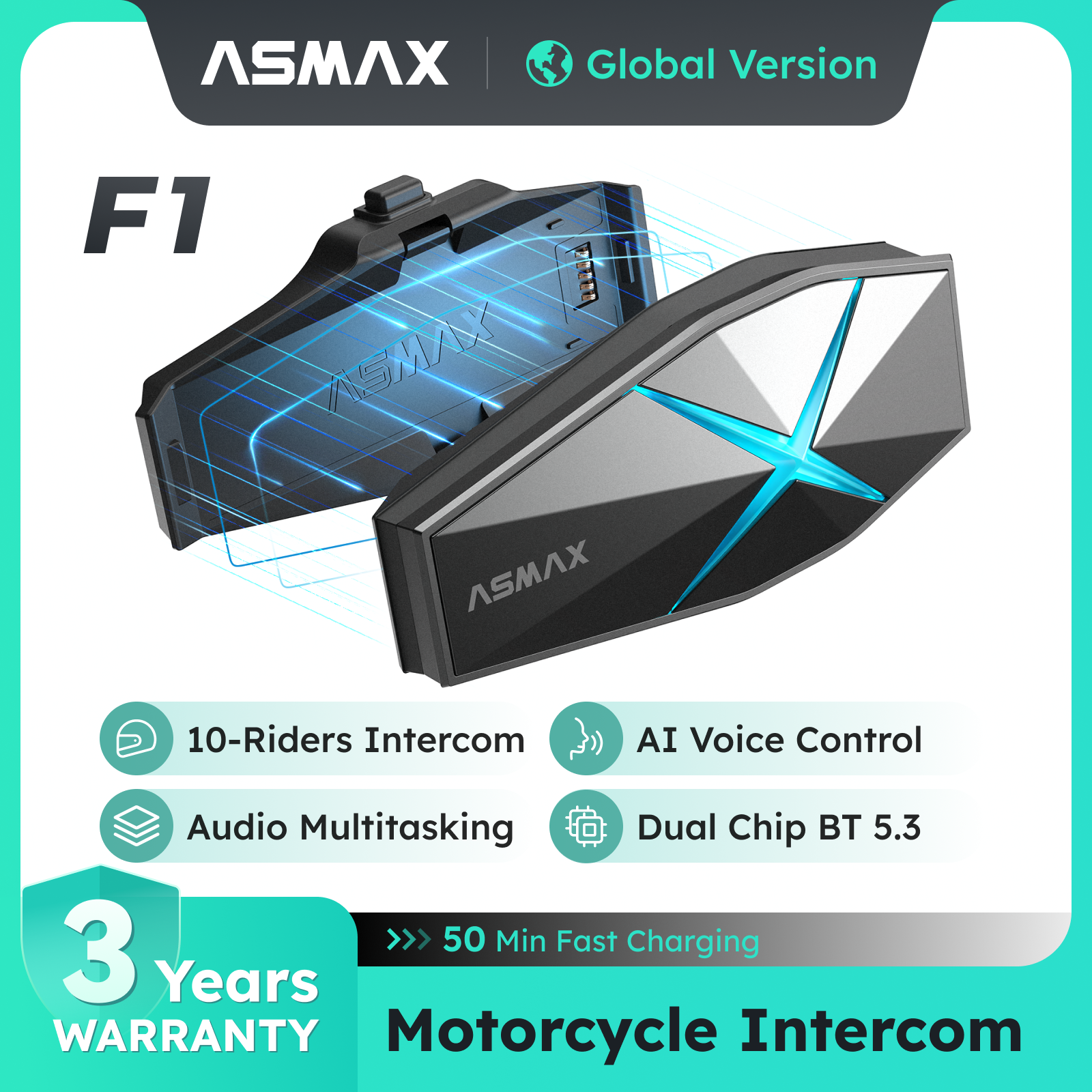 ASMAX F1 Bluetooth-домофон для мотоцикла, групповая связь на 10 гонщиков, голосовое управление, водонепроницаемость IP67, динамики Hi-Fi, BT 5.3 Совместное прослушивание музыки