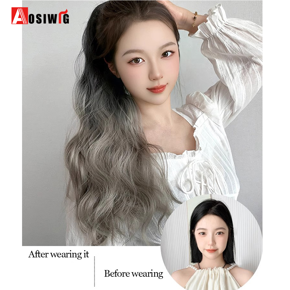 合成カーリーポニーテールヘアピース,カーリーヘアエクステンション,ブラック,グラデーション,ブルー,グレー,耐熱性,w用,24インチ