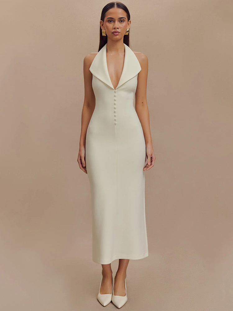 Mozision Halter Tiefem V-ausschnitt Ärmellose Sexy Maxi Kleid Für Frauen Elegante Backless Bodycon Tank Kleid Femme Mode Langes Kleid