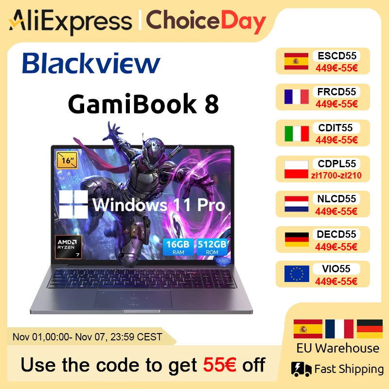 Blackview ‎ GamiBook 8 AMD R7 7735HS 16" 5000MAH Laptop 16GB LPDDR5 RAM 512GB ROM Windows 11Pro BT5.2 Wifi 6 Tastatur mit Hintergrundbeleuchtung