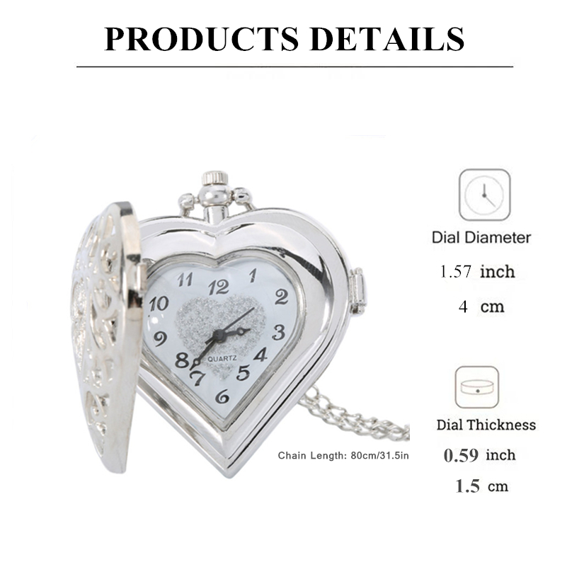 Exquisito reloj de bolsillo con diseño en forma de corazón, collar hueco, colgante de cadena, reloj de cuarzo, accesorios elegantes de regalo de ocio