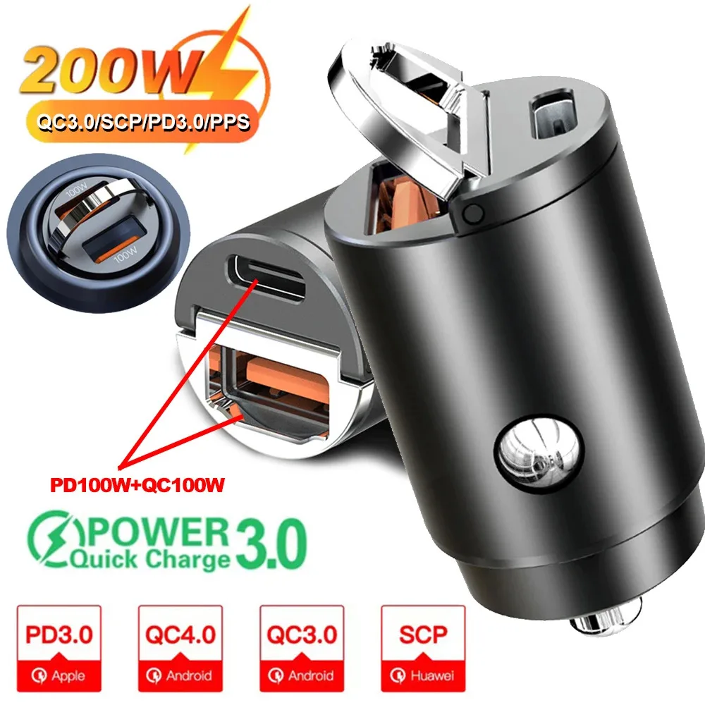 Mini 200W PD QC Ładowarka Samochodowa z Pierścieniem Ściągowym Szybkie Ładowanie USB C Adapter Ładowarki Samochodowej do iPhone 13 12 Xiaomi Samsung Huawei