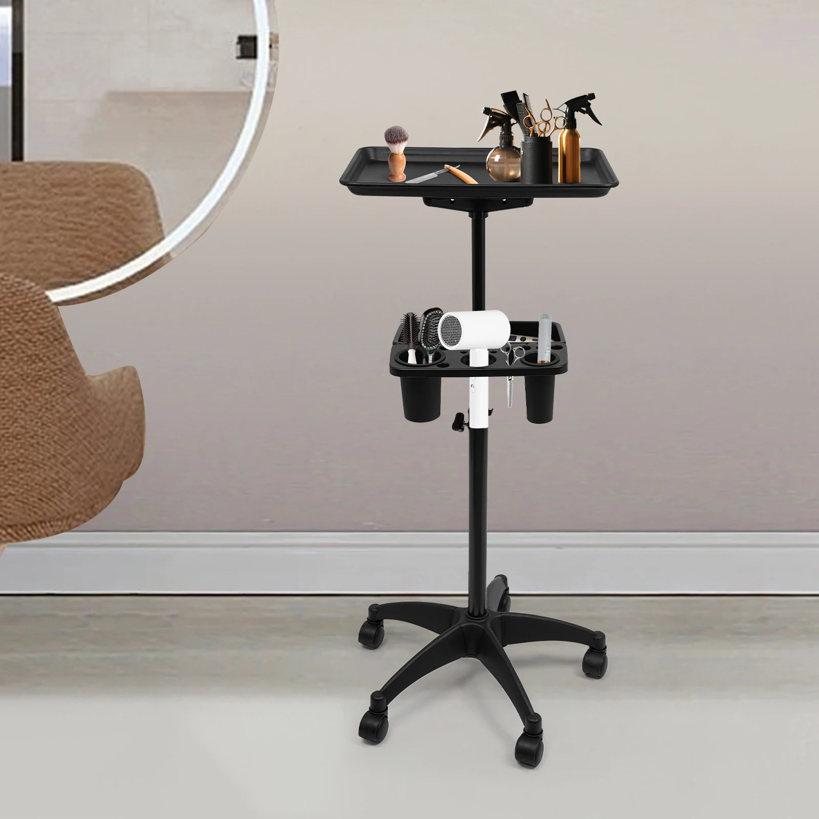 Carrello per vassoio da salone regolabile in altezza, resistente alla ruggine, grande tavolo da lavoro con rotelle a doppio pavimento, portaoggetti ordinato per saloni di bellezza