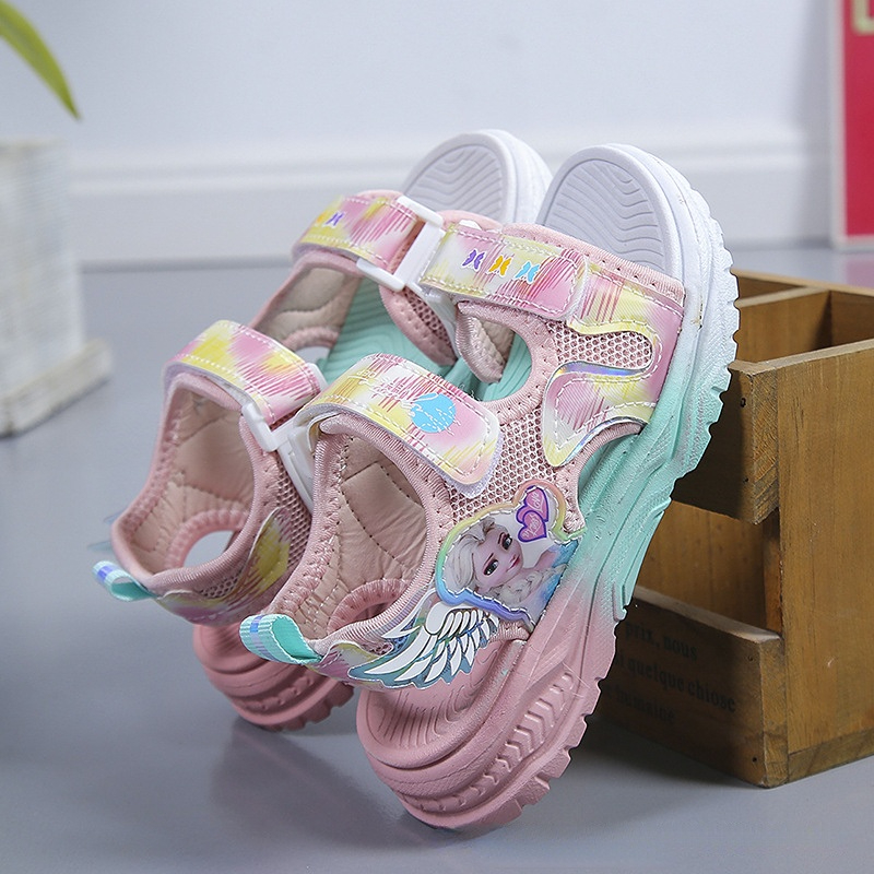 Disney crianças sapatos de verão elsa meninas malha praia sandálias moda congelado princesa fundo macio luz peep toe sandálias tamanho 26-37