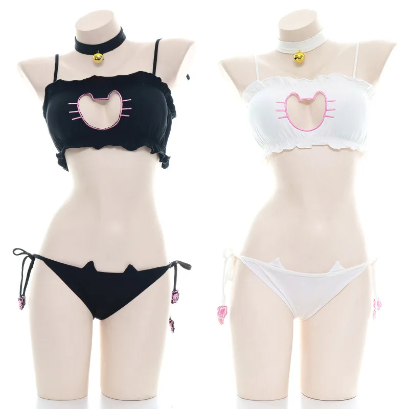 Set di collare per mutandine reggiseno cosplay giapponese Lolita Cat per donna Intimo intimo sexy Kawaii scava fuori indumenti da notte bianchi neri