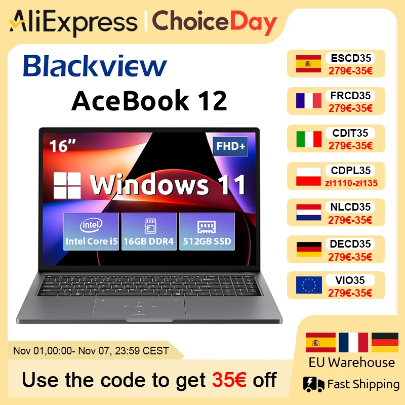 Blackview AceBook 12 Win 11 Laptop 16'' FHD IPS, notebook Intel I5-1030NG7, 16 GB di RAM 512 GB SSD, pulsante di accensione per impronte digitali 2 in 1