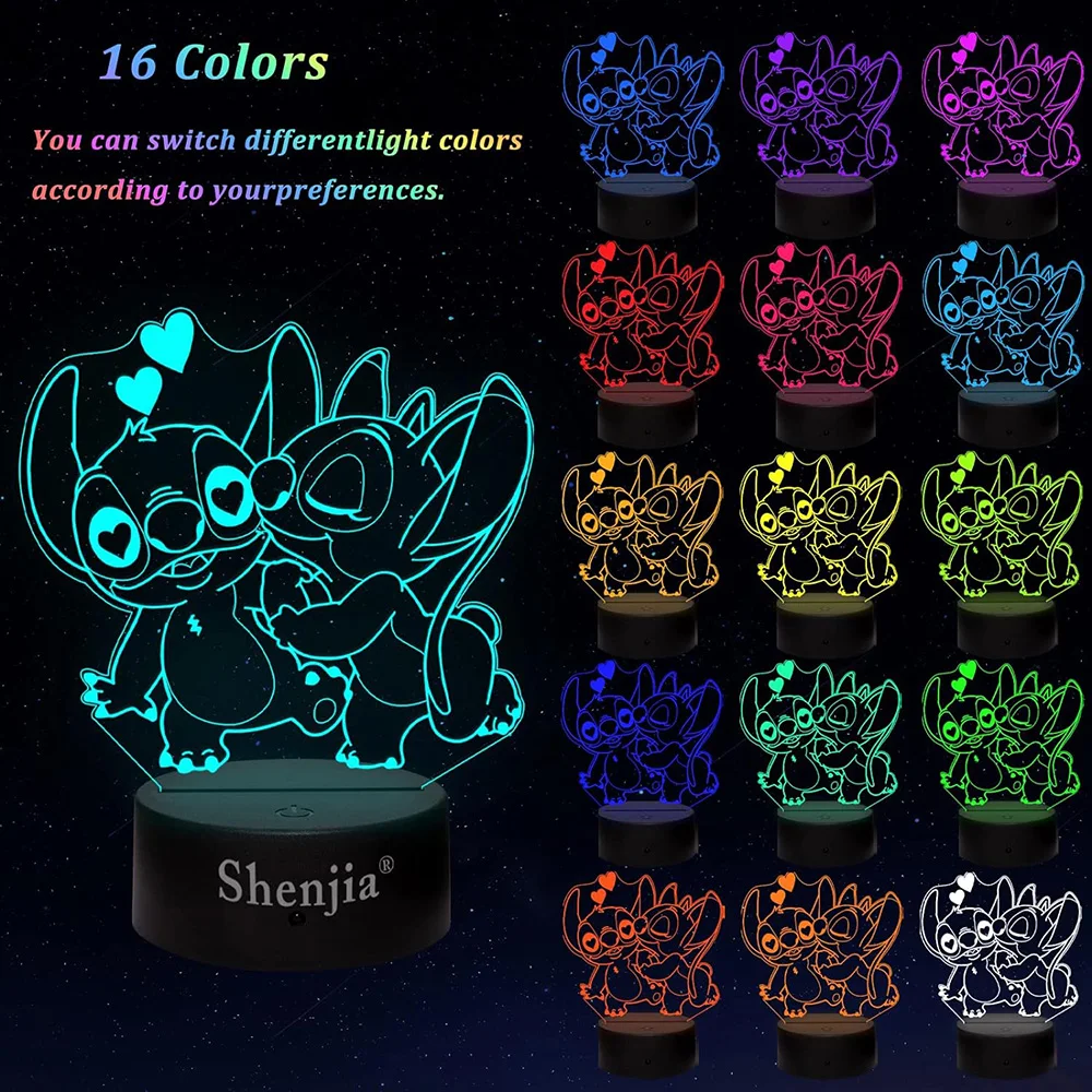 Stitch luz nocturna LED 3D con control remoto y sensor táctil inteligente, 16 colores usados para regalos de Navidad y cumpleaños