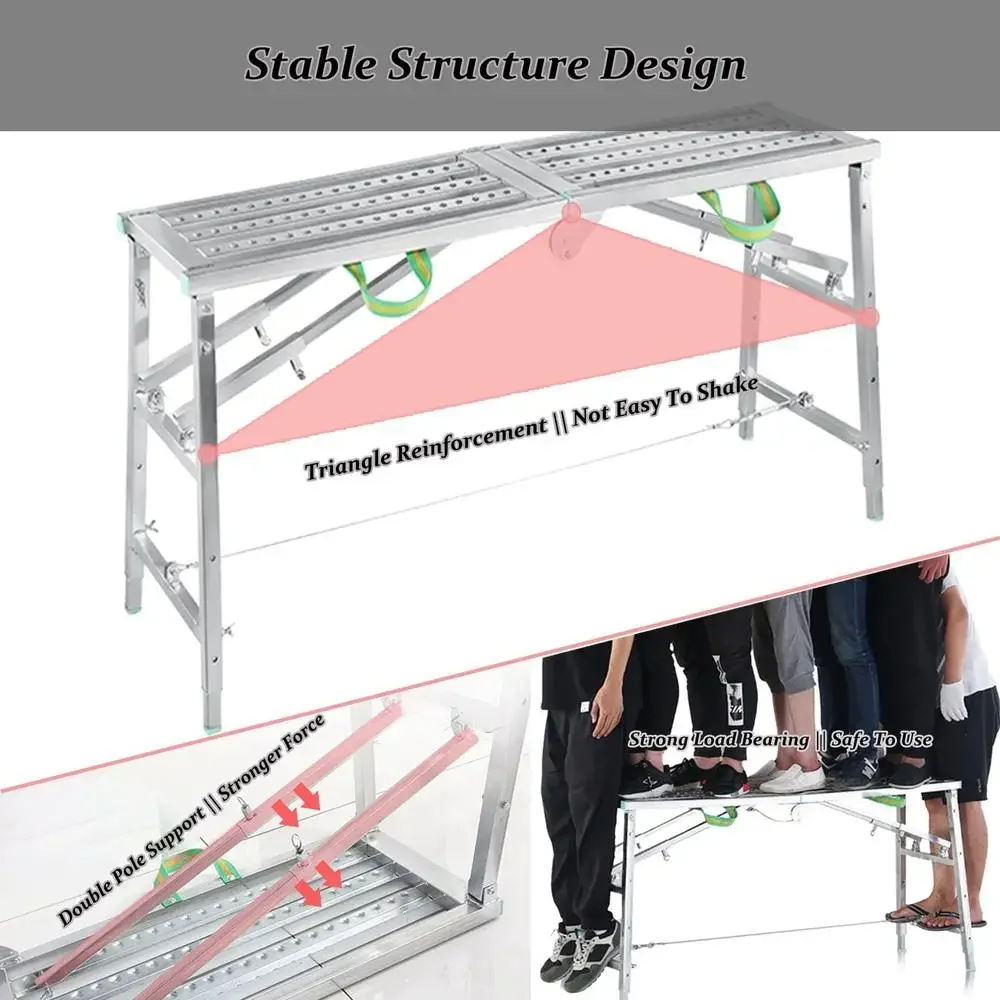 Adjustable Portable Folding Scaffolding Work Platform Sturdy Galvanized Steel Bench with Double Support Rods Home DIY Jobs and