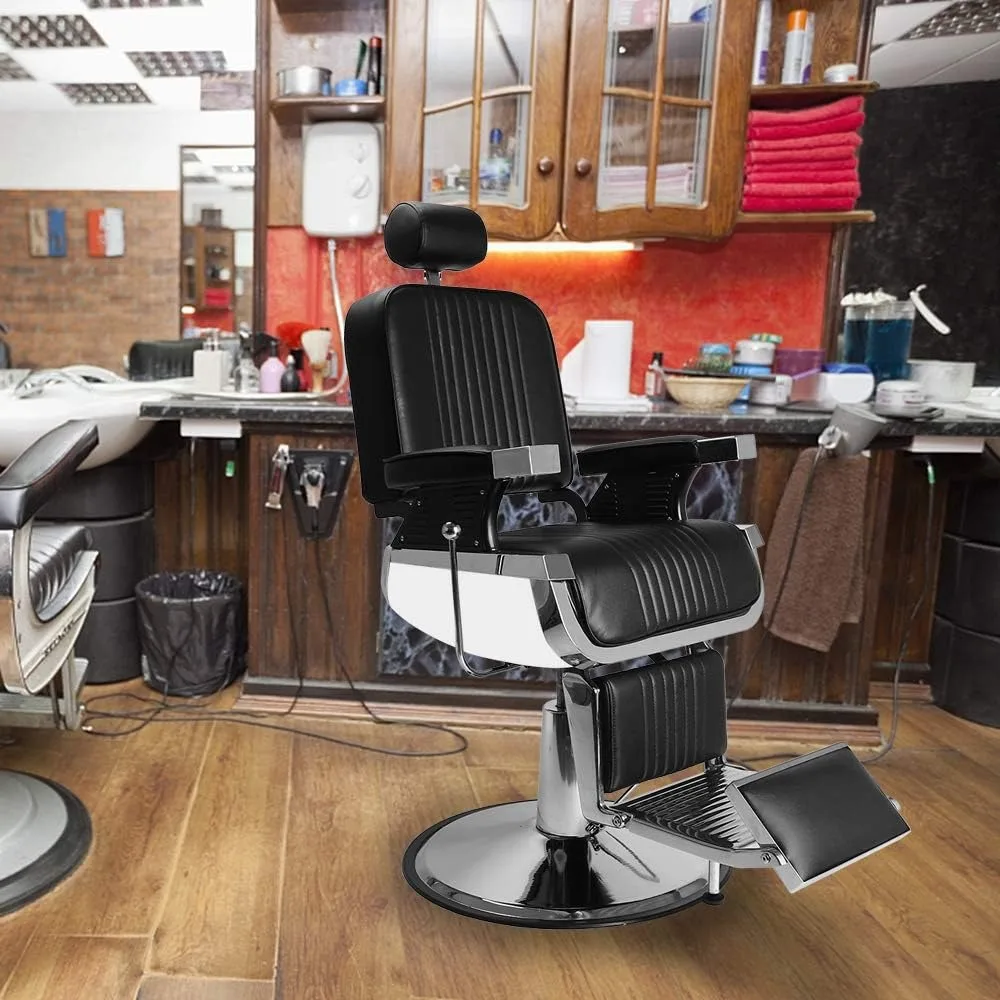 Heavy Duty Reclining Barber Chair with Headrest & Supports up to 500lbs & 360 Degrees Rolling Swivel, Professional Vintage