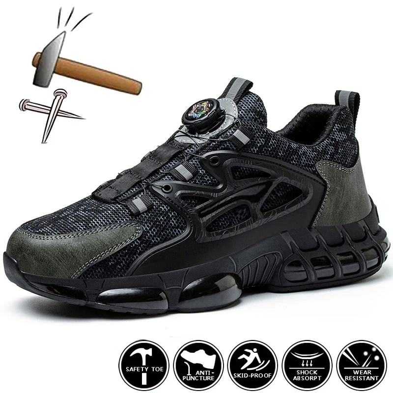 Zapatos de seguridad con botón giratorio para hombre, zapatos de trabajo con cojín de aire, zapatillas con punta de acero, botas de seguridad para el trabajo a prueba de perforaciones, zapatos protectores