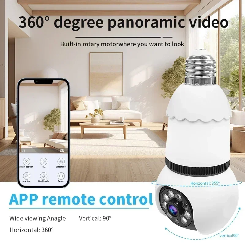 Cámara con bombilla E27 de 8MP con bombillas LED, cámara de vigilancia WiFi, seguimiento automático de IA, vídeo, Zoom 10X, cámara inalámbrica de visión nocturna a Color