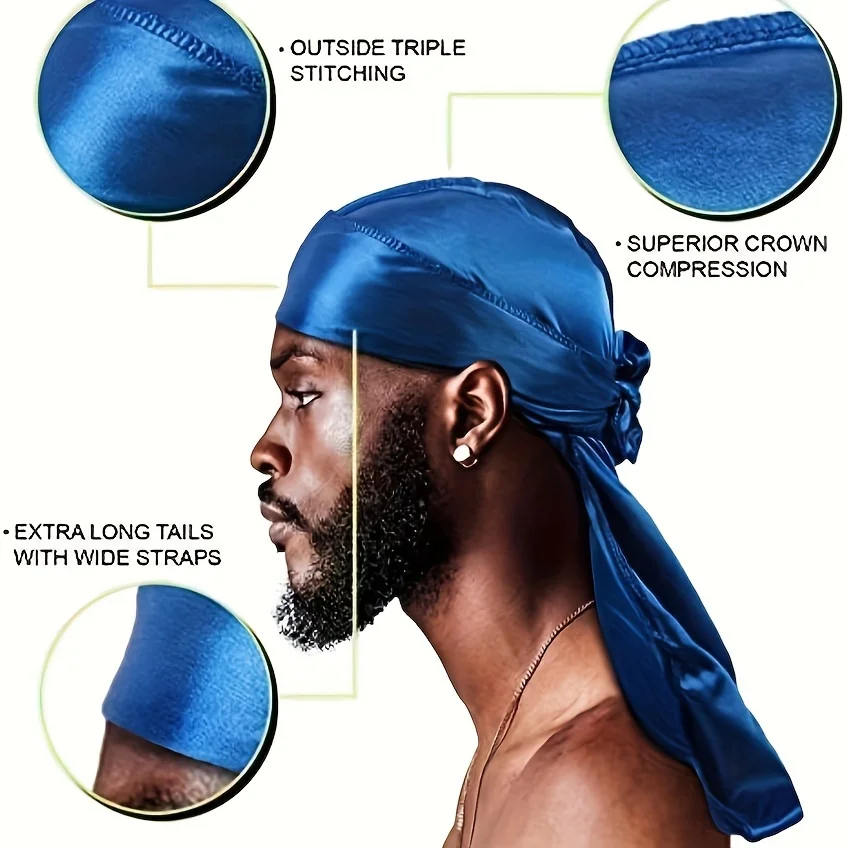Gorro Durag de seda para hombre, Bandana sedosa Du Rag Doo Rag, gorro con ondas de cola larga