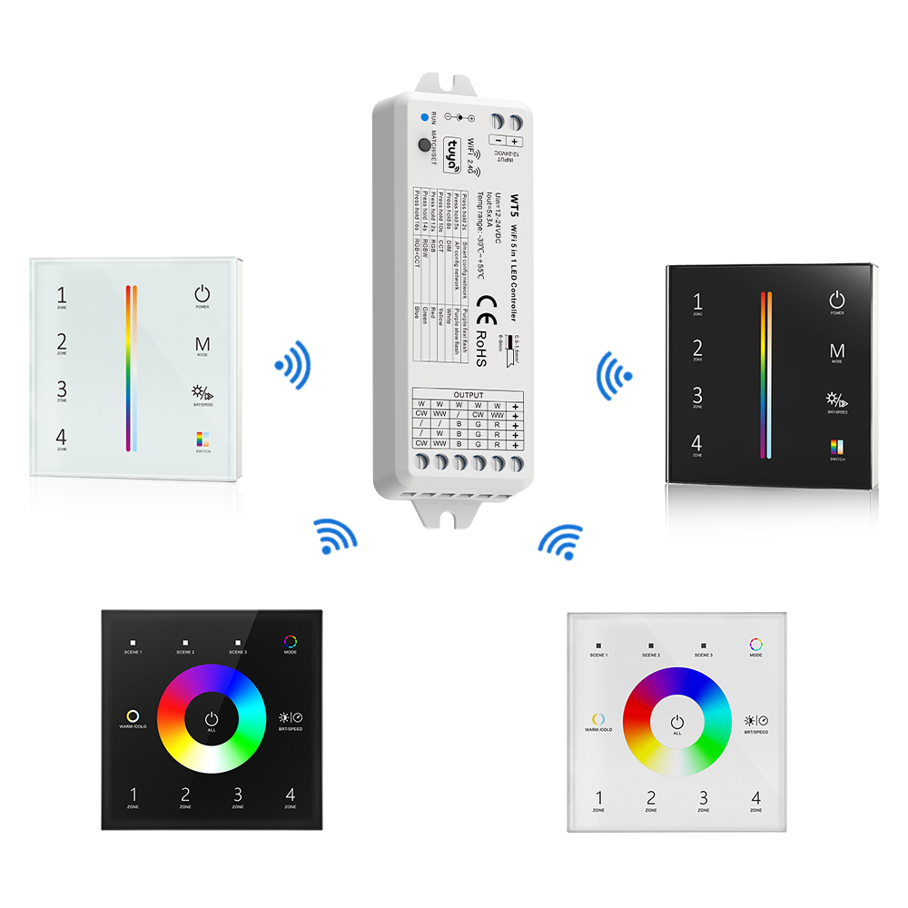 Wt5 Tuya Smart Rgbcct Controller 12V 24V Dc 5 In 1 Dimmer Rgb Cct Rgbw Rgbww Led Strip Licht Touch Panel 2.4G Rf Wifi Controller
