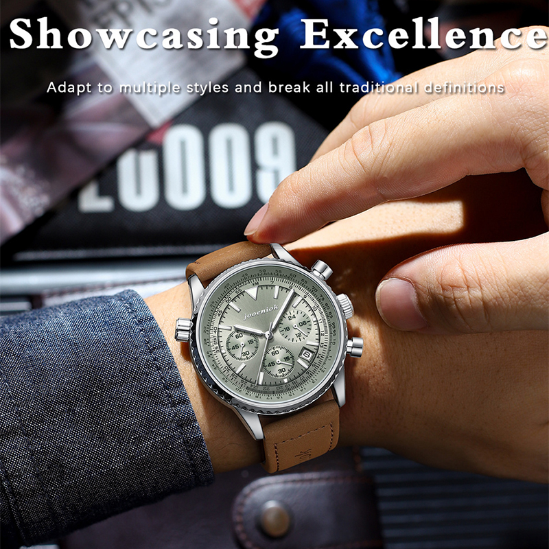 JOOENIOK Luksusowy Męski Zegarek Wodoodporny Świecący Kalendarz Chronograf Sportowy Męski Zegarek na Rękę Skórzany Męski Zegarek Kwarcowy Męski Reloj