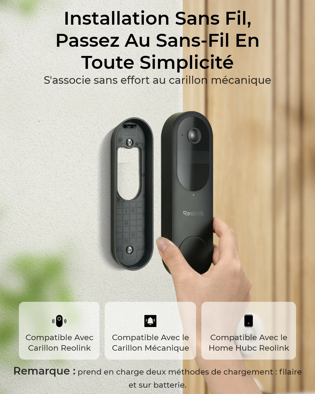 Reolink 2K batterie sonnette WiFi sonnette extérieure sans fil, batterie/alimentation filaire, cryptage de stockage via Hub domestique, sans carillon