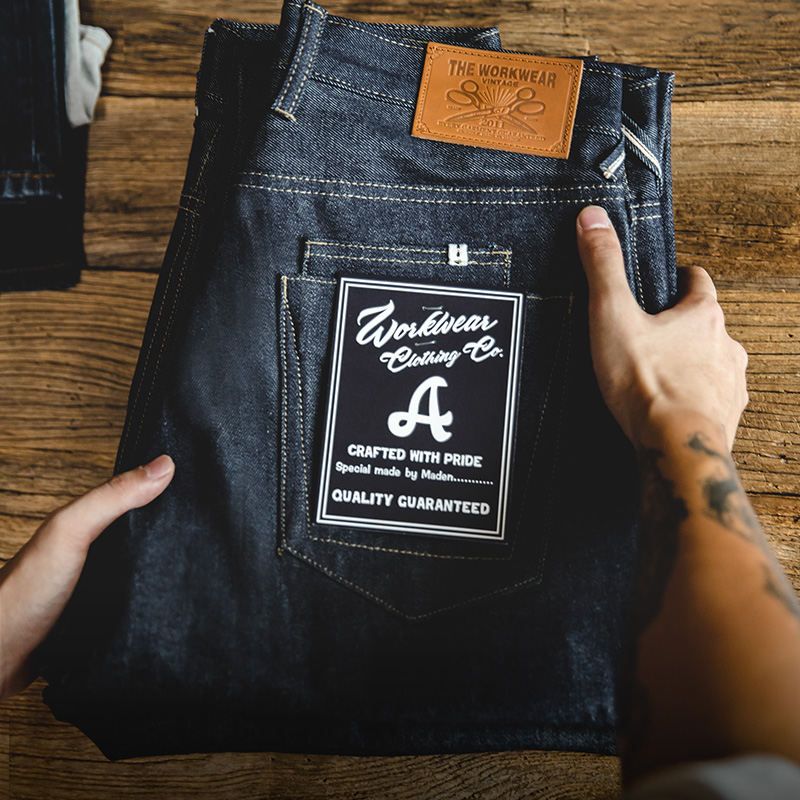 Maden 남자 가을 겨울 바지 빈티지 데님 레드 귀 원래 암소 스트레이트 튜브 청바지 가축 긴 바지를 키우는