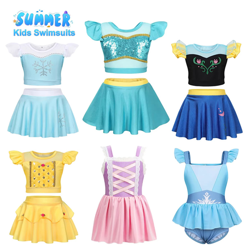 Girls Princess Theme Swimsuit Set for Summer Beachwear Pool Party Kids Jasmine Anna Elsa Rapunzel Belle Swimwear Bathing Suit