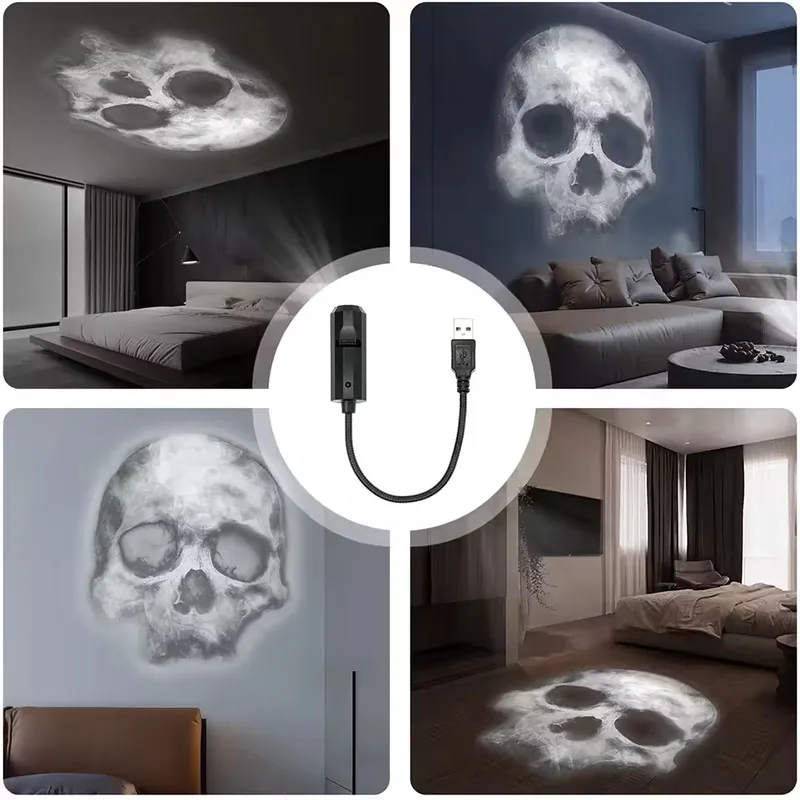 Proiettore USB di Halloween Luce Teschio Luce notturna Fantasma Lampada a LED Girevole a 360 gradi Modello commutabile Design Ambiente scuro e notturno