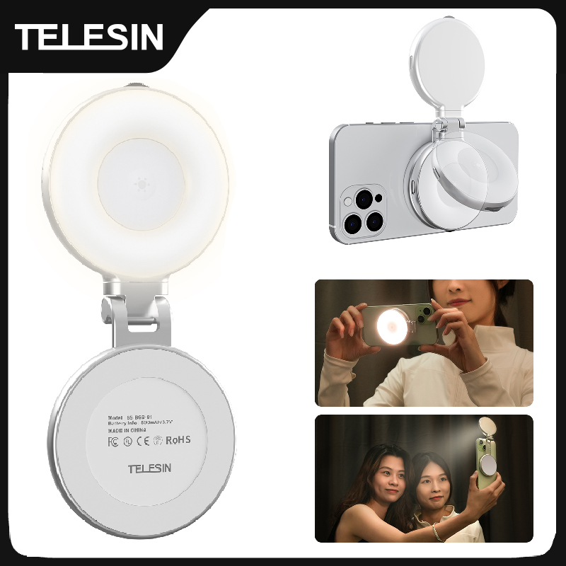 TELESIN Smartphone Luz de relleno magnética Mini Selfie Luz 3 modos Brillo ajustable para Iphone XIAOMI HUAWEI SAMSUNG Teléfono
