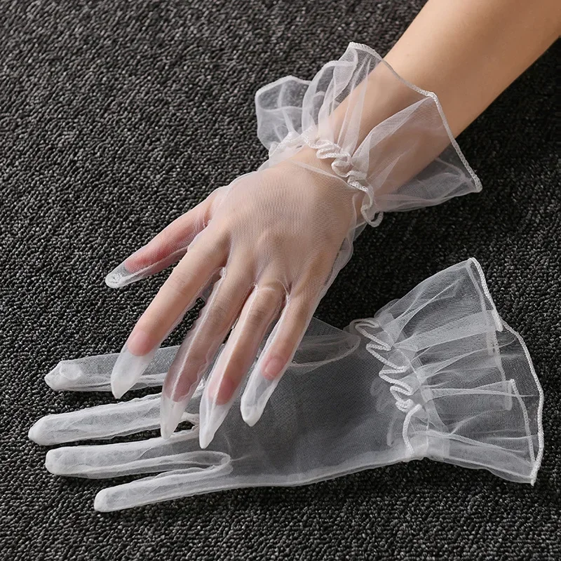 Gants courts en Tulle pour femmes, pour mariage d'été, blanc, noir, élégants, en dentelle extensible, mitaines à doigts complets, gants transparents en maille