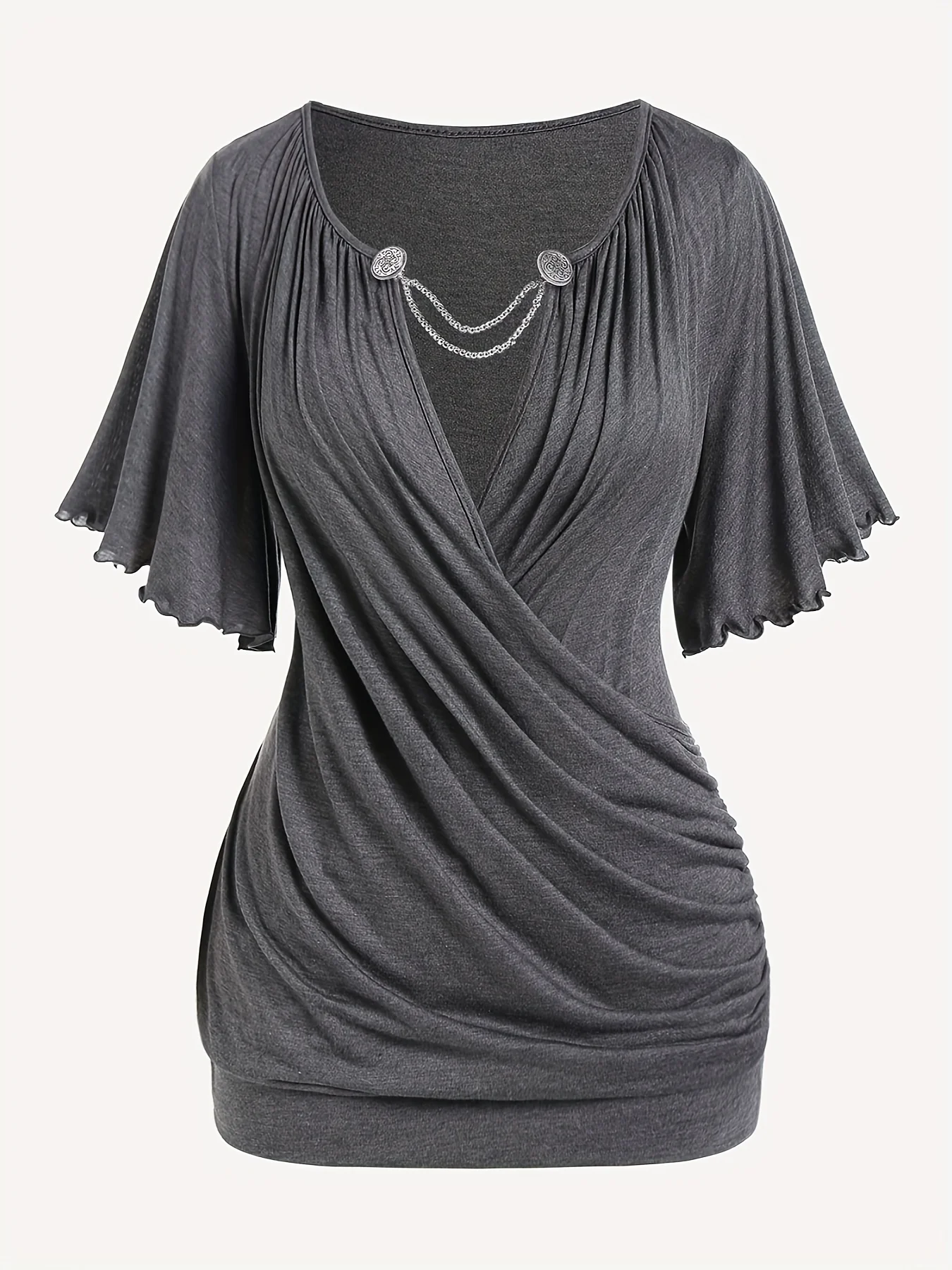 Europäische und amerikanische neue Hit-Mode-Damen-T-Shirt-Oberteil mit plissierter Kette und V-Ausschnitt in Übergröße