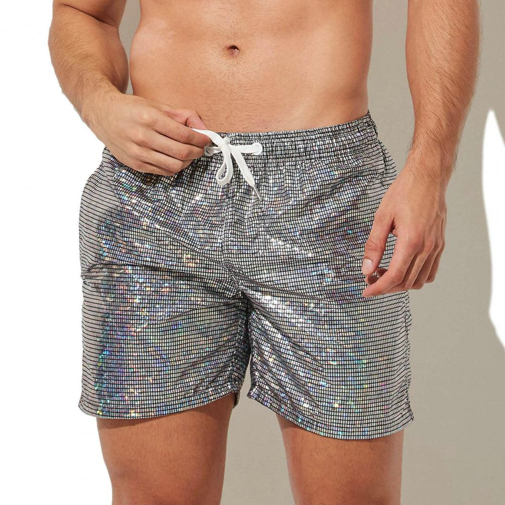Pantalones cortos de playa con estampado metálico, ropa de hombre con cordón brillante y cintura elástica, pantalones de gimnasio con lentejuelas de secado rápido para correr
