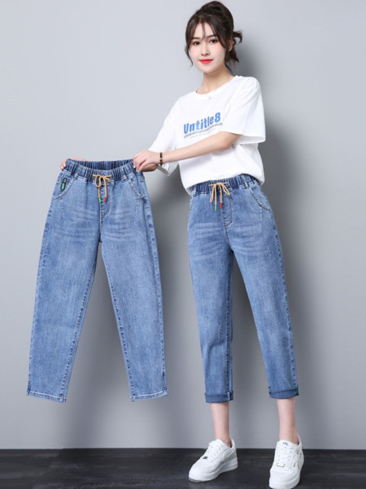 Elastic Waist Dad Jeans Women's Light Blue Spring Summer New Sle Seven-Eight Length Harem Pants High Waist Denim Wear Resis...