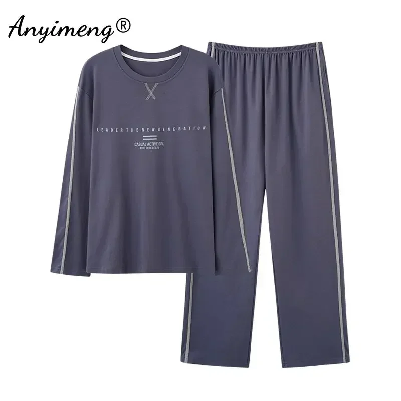 Conjunto de Pijamas de L-4XL para hombre, ropa de dormir informal de algodón tejido para otoño e invierno, Pijamas de longitud completa, Pijamas elegantes para hombre, ropa de dormir