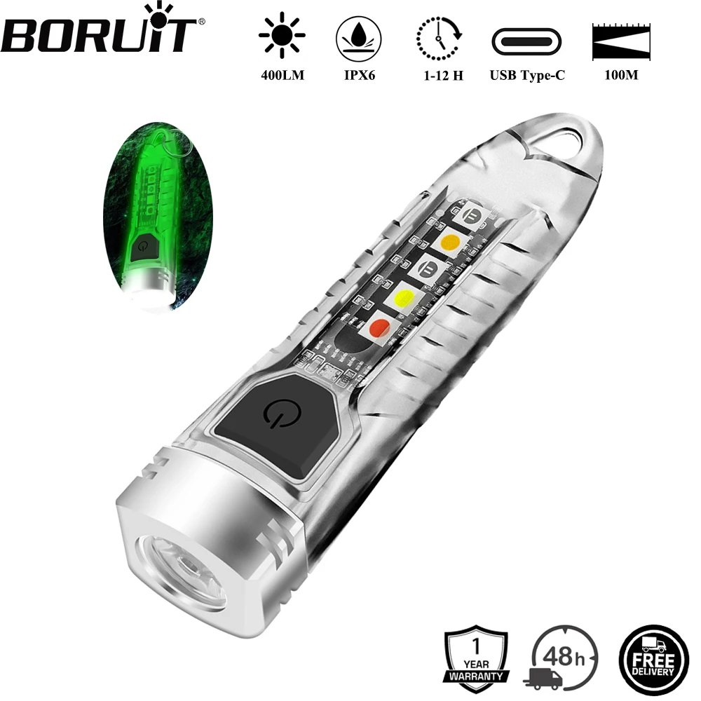 BORUiT V1 400LM UV llavero linterna LED EDC recargable impermeable fluorescente luz de trabajo Camping linterna de bolsillo