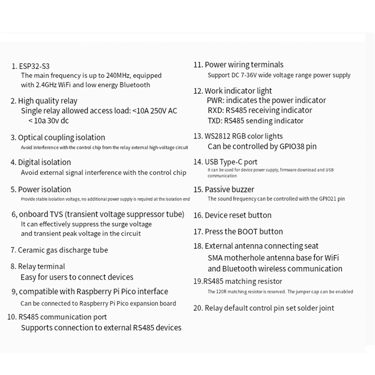 Waveshare-Módulo de Relé WiFi, Grau Industrial, Suporta WiFi, Bluetooth, RS485, Interface Pico, ESP32-S3, 6CH