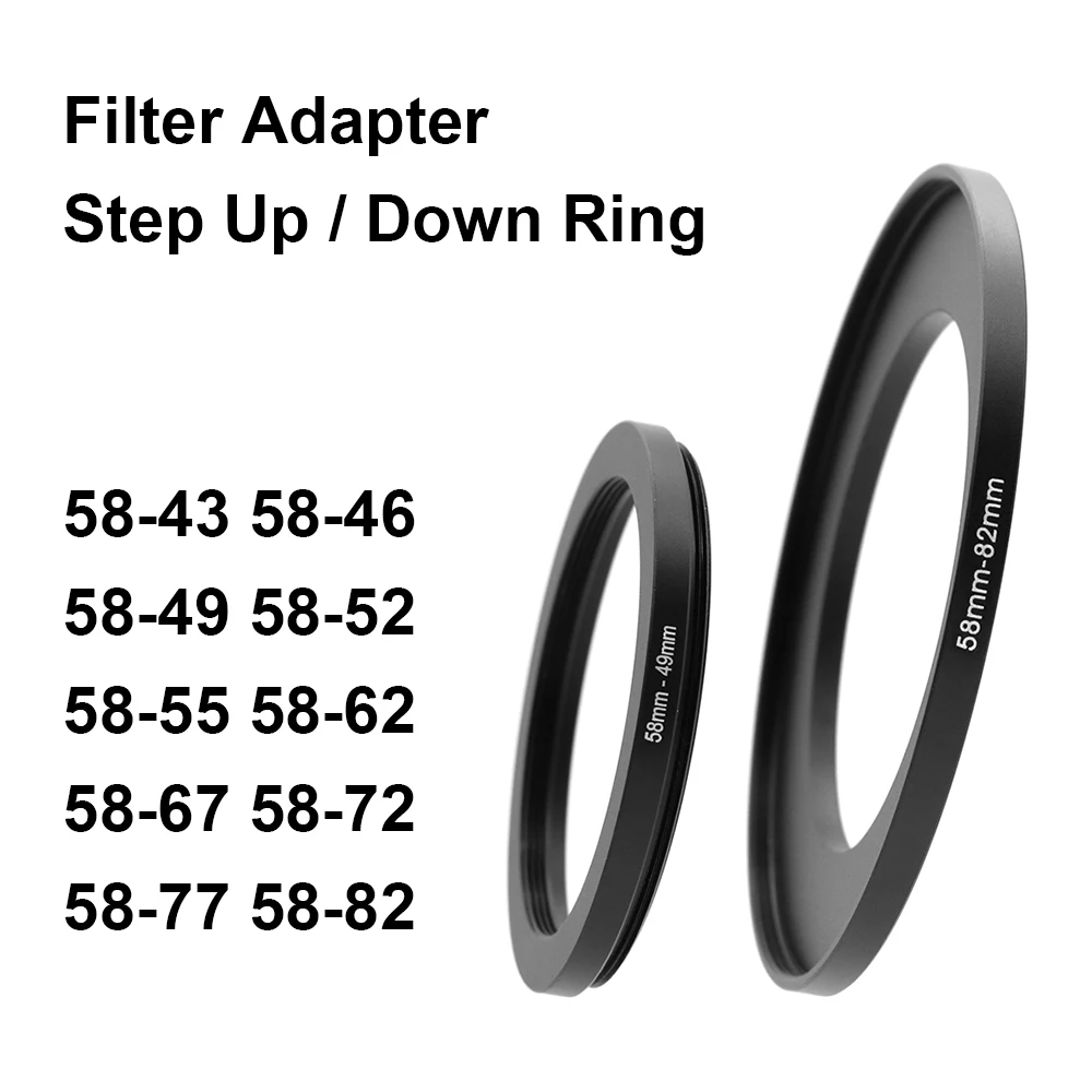 Anillo adaptador de filtro de lente de cámara, anillo elevador o abajo de Metal para lente de 58mm-43 46 49 52 55 62 67 72 77 82mm UV ND CPL parasol