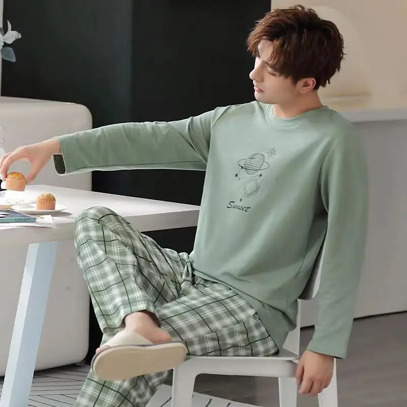 Pijamas de algodón de manga larga a rayas para hombres, ropa de casa para adolescentes, traje de 2 piezas, primavera y otoño, recién llegado