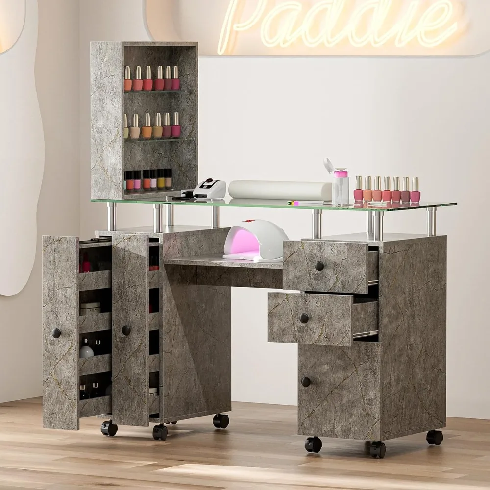 Manicure Table, Glass Top Nail Tech Table Nail Desk Station for Nail Tech w/Shelves, Wrist Cushion, Lockable Wheels