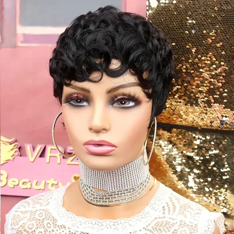 Curto ondulado encaracolado pixie corte completo máquina feita perucas de cabelo humano com bang para preto feminino remy cabelo brasileiro pixie corte peruca