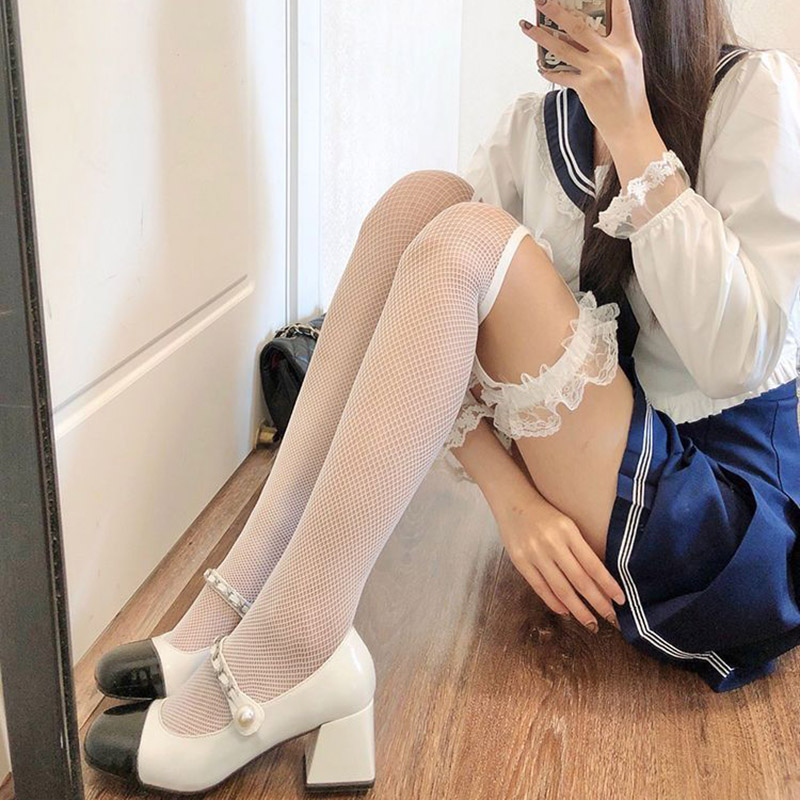 Calcetines largos Y2K Harajuku JK para niñas, medias de malla góticas negras, Cosplay de Lolita blanca, medias sexis hasta el muslo con lazo hasta la rodilla