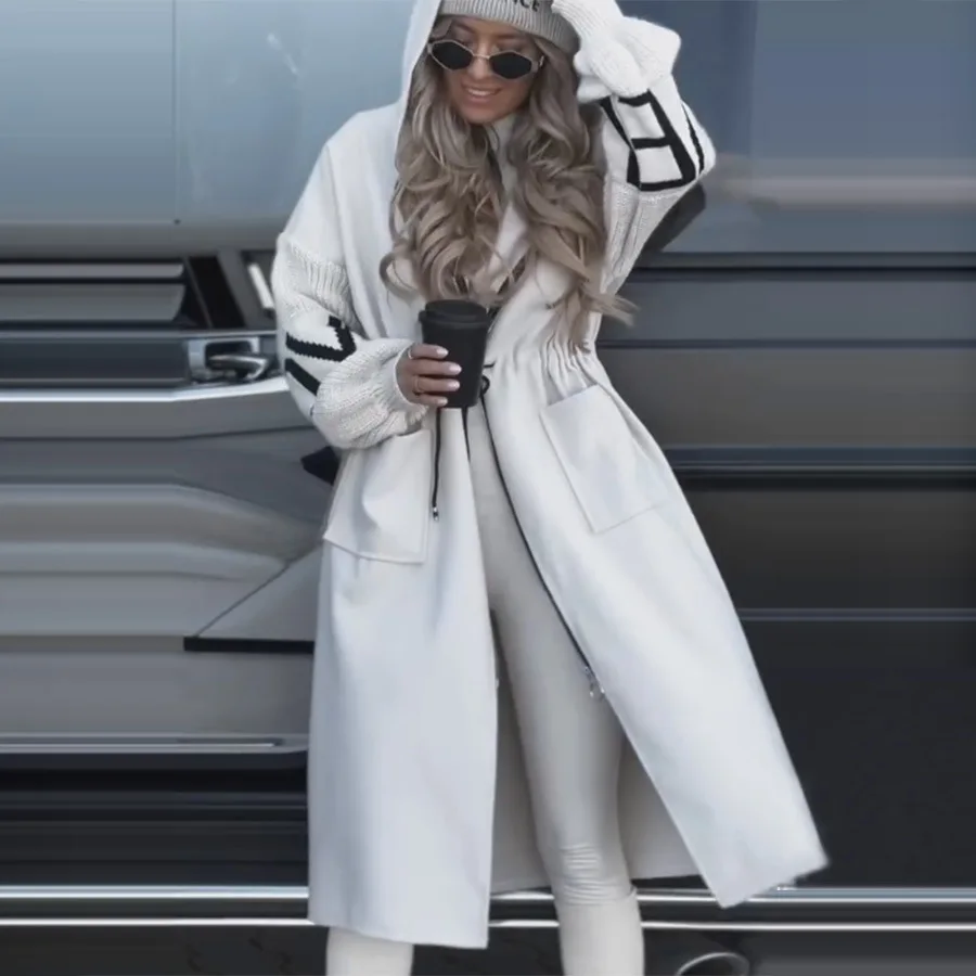 Casual longo retalhos casacos longos feminino casual hoodies rendas até bolsos jaquetas femininas outono inverno nova senhora trench outerwears