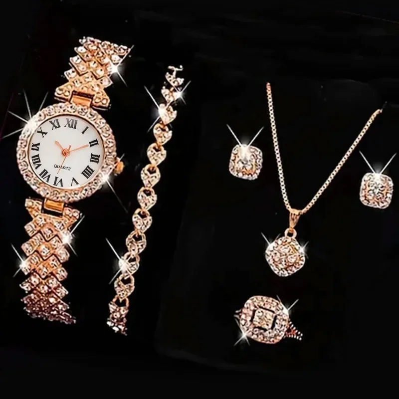 Conjunto de 6 uds de Reloj para mujer, Reloj con esfera romana, diseño de marca de lujo, Reloj de pulsera informal de cuarzo para mujer, conjunto de pulsera para mujer, Reloj para mujer