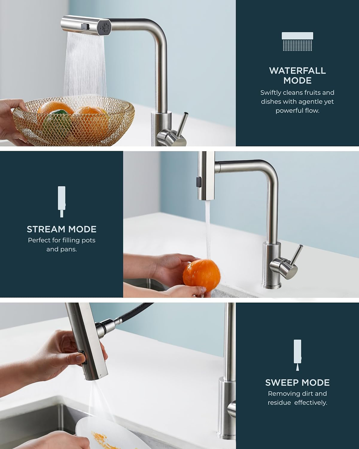 蛇口用ステンレス鋼噴霧器,床に取り付けられた水,シンクミキサー,シングルホール,滝,ホットとコールド,4つのモード,3668