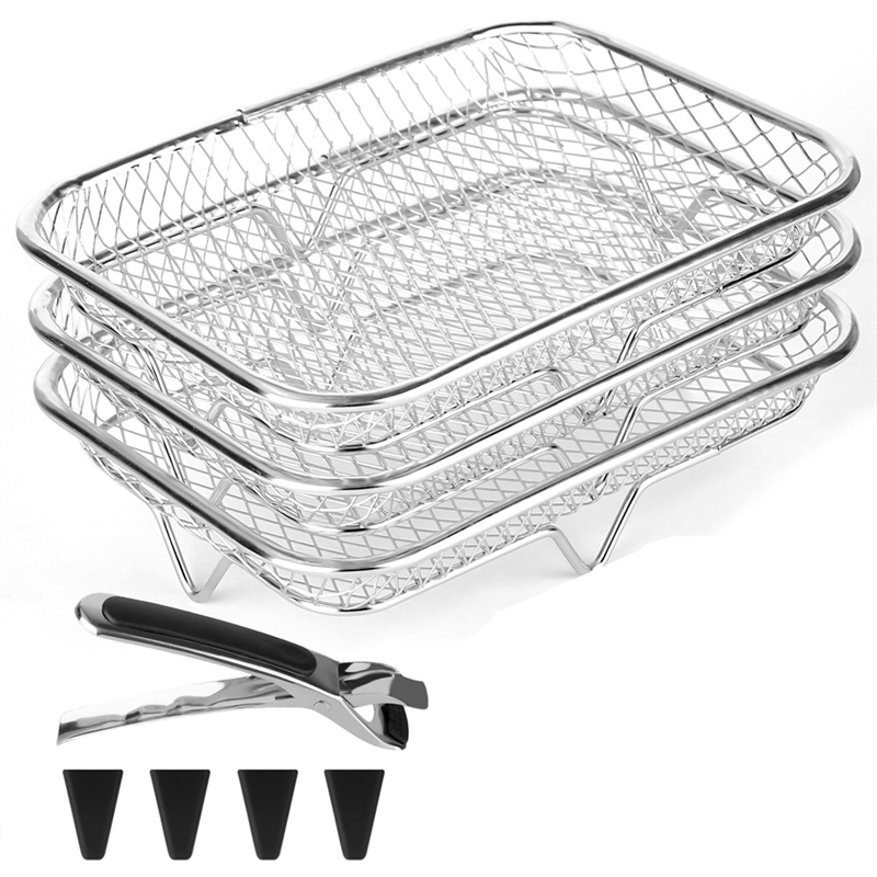 -Estantes rectangulares apilables para freidora de aire HOPE, acero inoxidable 304, 3 niveles para freír con aire mejorado