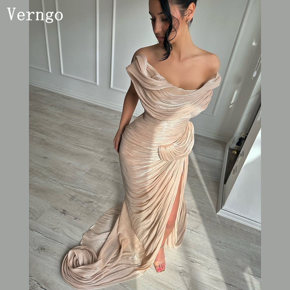 Verngo Braunes Chiffon-Abendkleid, schulterfrei, Meerjungfrau, formelle Anlässe, elegante Abendkleider mit Seitenschlitz, individuell gestaltet