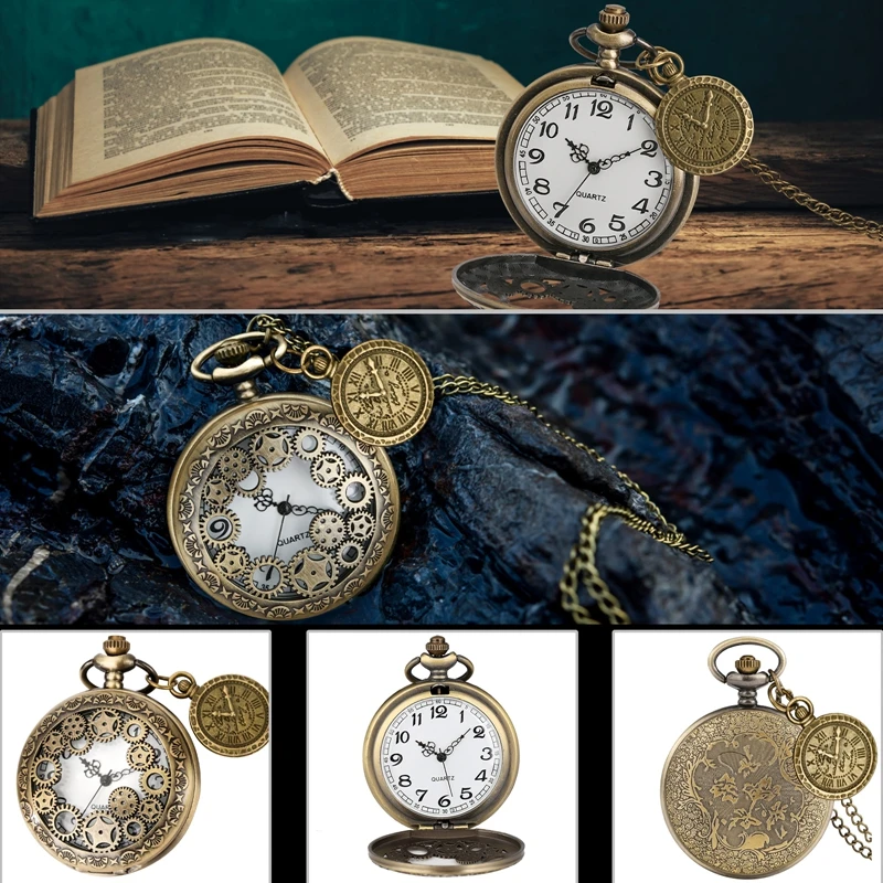 빈티지 골동품 구리 Steampunk 청동 중공 기어 석영 주머니 시계 목걸이 펜던트 시계 체인 남성 여성 액세서리